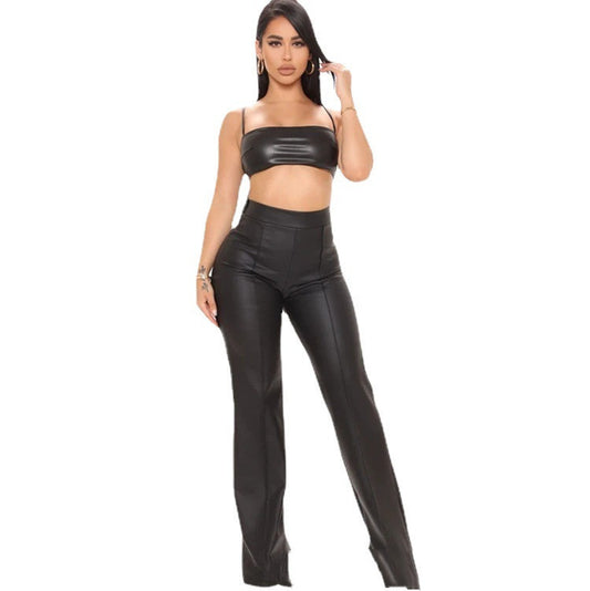 High Waist Loose Women's Leather Black Pants